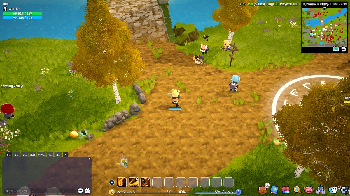 SpiritVale ゲーム内画面。ベースレベル5・ジョブレベル3、ミニマップは他プレイヤーで真っ赤