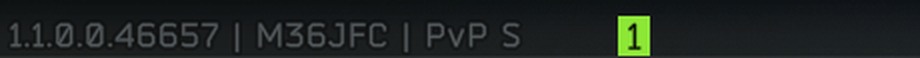 Escape from Tarkov のゲーム画面左下に表示されているバージョン情報。1.1.0.0.46657、M36JFC、PvP S と並んでおり、PvP シーズンのキャラクターでプレイしていることを示している