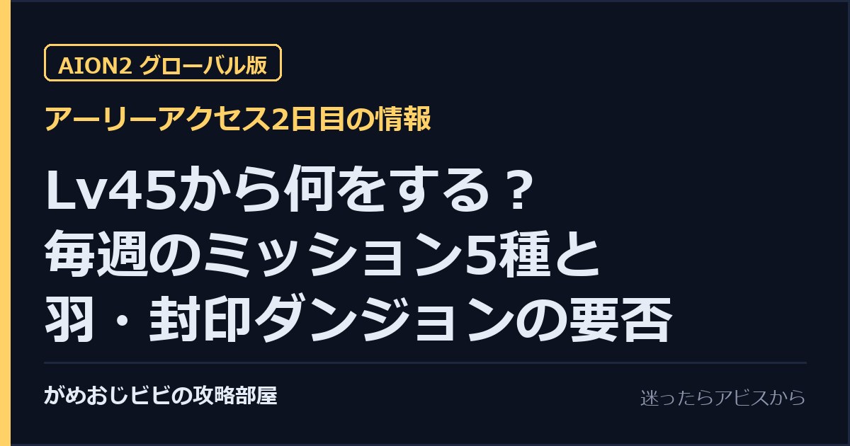 AION2 Lv45から何をするか、毎週のミッション5種と羽・封印ダンジョンの要否をまとめた記事のサムネイル