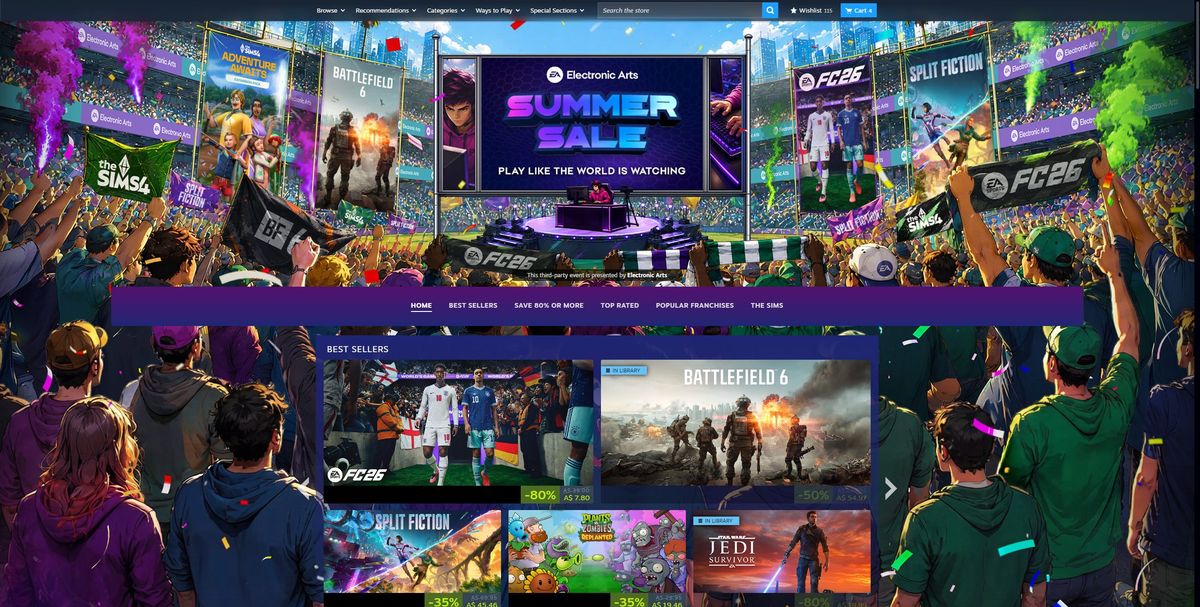 EAのSteamパブリッシャーセールページのキャプチャ。AI生成と指摘された破綻のある画像が使われている